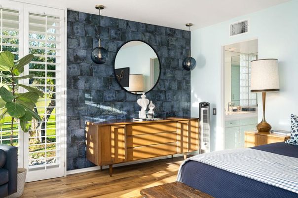 Bedroom, Interior, Pendant Lights, Stone Walls, Wood Texture Flooring