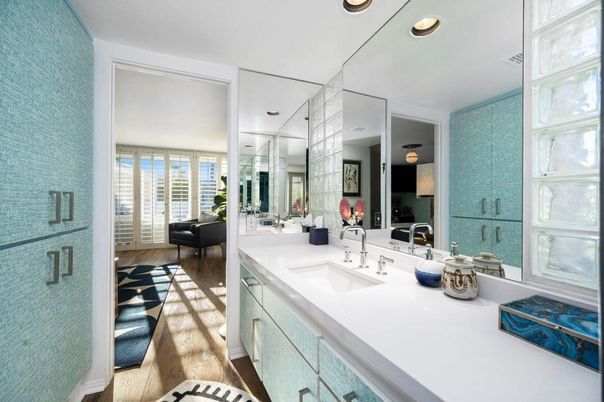 Bathroom, Dual Sink Vanities, Interior, Recessed Lighting, Wood Texture Flooring