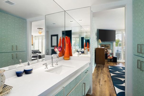 Bathroom, Dual Sink Vanities, Interior, Recessed Lighting, Wood Texture Flooring