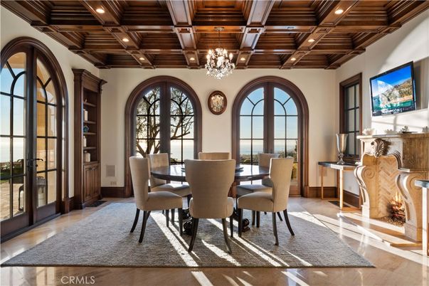 Chandelier, Dining room, Interior, Recessed Lighting, Wooden Beams, Wooden Ceilings, Wood Texture Flooring