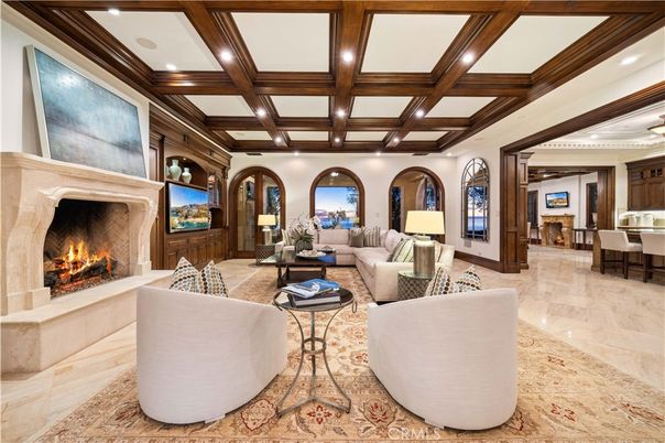 Dining room, Fireplace, Interior, Living room, Recessed Lighting, Wooden Beams