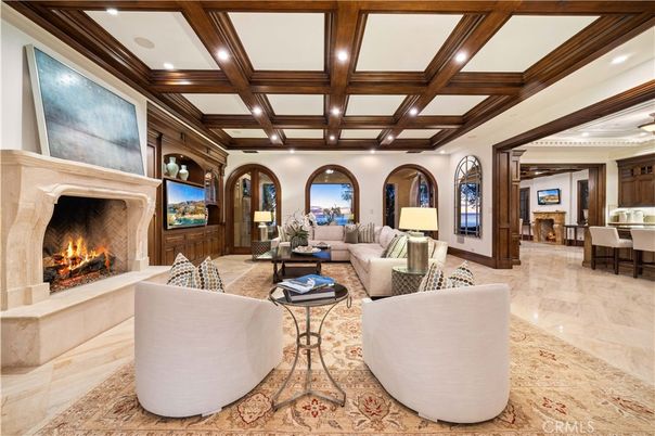 Dining room, Fireplace, Interior, Living room, Recessed Lighting, Wooden Beams