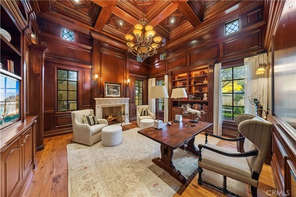 Chandelier, Fireplace, Home Office, Interior, Living room, Recessed Lighting, Wooden Beams, Wooden Ceilings, Wood Texture Flooring, Wooden Walls