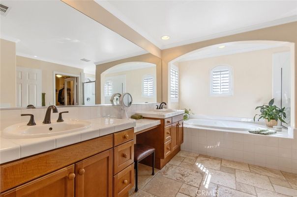 Bathroom, Dual Sink Vanities, Interior, Recessed Lighting, Tile Countertops
