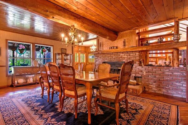 Chandelier, Dining room, Fireplace, Interior, Stone Walls, Wooden Beams, Wooden Ceilings, Wood Texture Flooring
