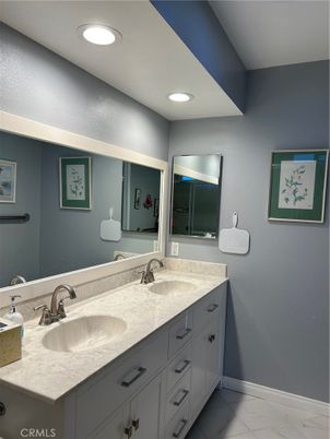 Bathroom, Dual Sink Vanities, Interior, Marble, Recessed Lighting