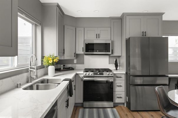 Interior, Kitchen, Recessed Lighting, Stainless Steel Appliances, Wood Texture Flooring
