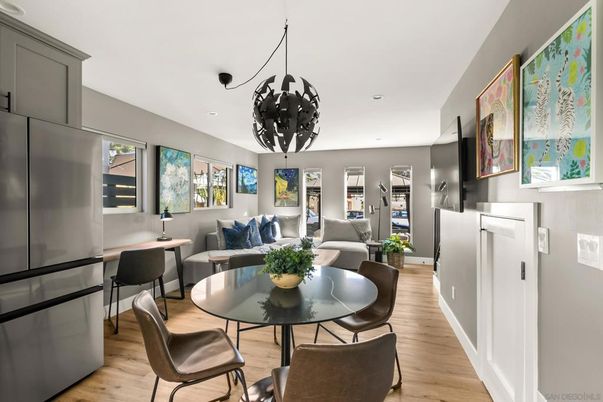 Dining room, Interior, Living room, Pendant Lights, Recessed Lighting, Wood Texture Flooring