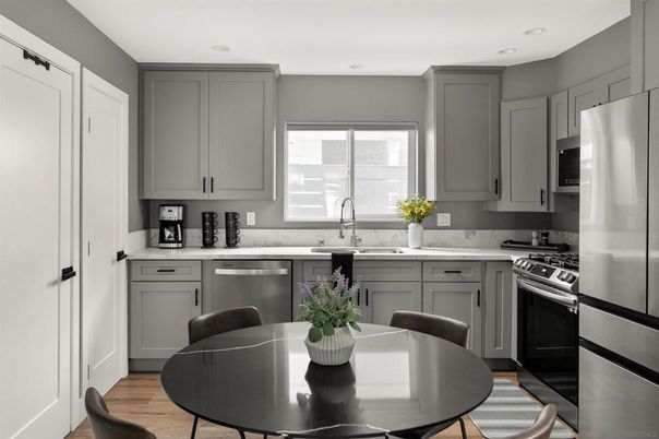 Dining room, Interior, Kitchen, Recessed Lighting, Stainless Steel Appliances, Wood Texture Flooring