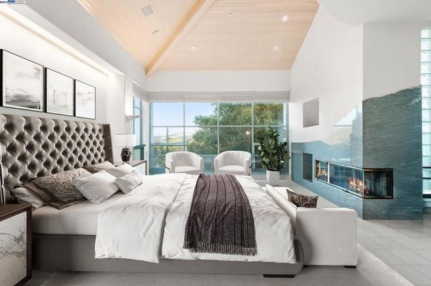 Bedroom, Fireplace, Interior, Recessed Lighting, Wooden Ceilings