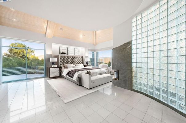 Bedroom, Fireplace, Interior, Recessed Lighting, Wooden Ceilings