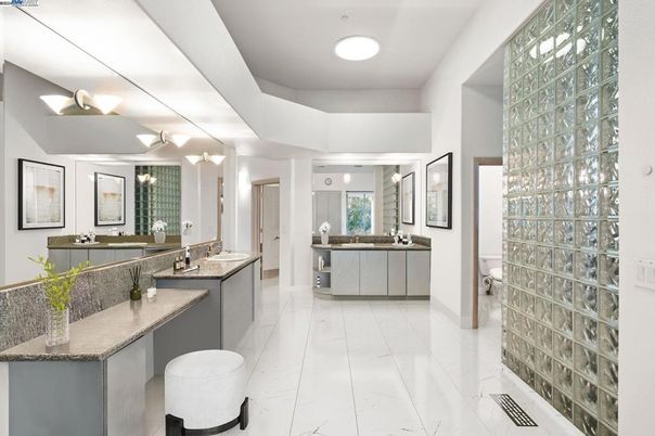 Bathroom, Dual Sink Vanities, Interior, Marble, Recessed Lighting
