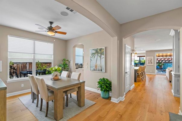Dining room, Interior, Pendant Lights, Wood Texture Flooring