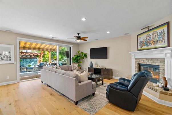 Fireplace, Interior, Living room, Recessed Lighting, Wood Texture Flooring