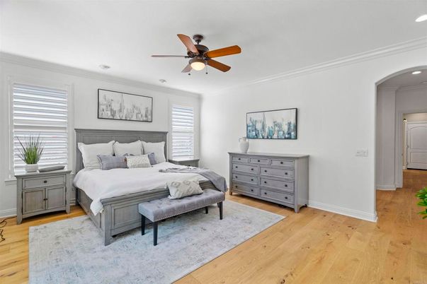 Bedroom, Interior, Recessed Lighting, Wood Texture Flooring