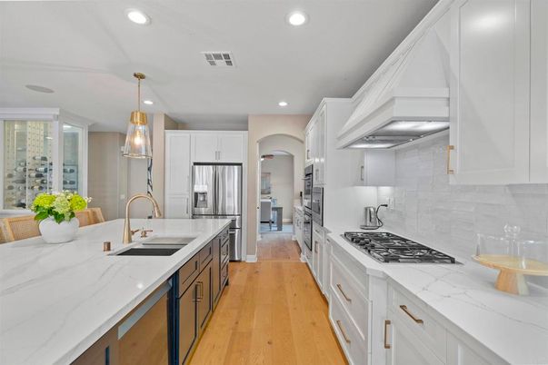 Interior, Kitchen, Pendant Lights, Recessed Lighting, Stainless Steel Appliances, Wood Texture Flooring