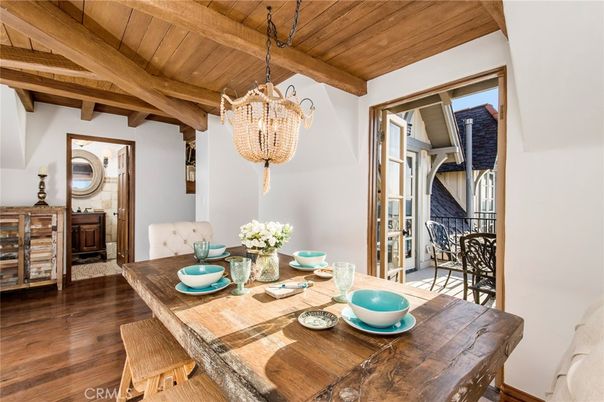 Chandelier, Dining room, Interior, Wooden Beams, Wooden Ceilings, Wood Texture Flooring
