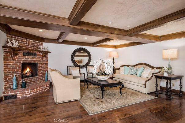 Fireplace, Interior, Living room, Recessed Lighting, Stone Walls, Wooden Beams, Wood Texture Flooring