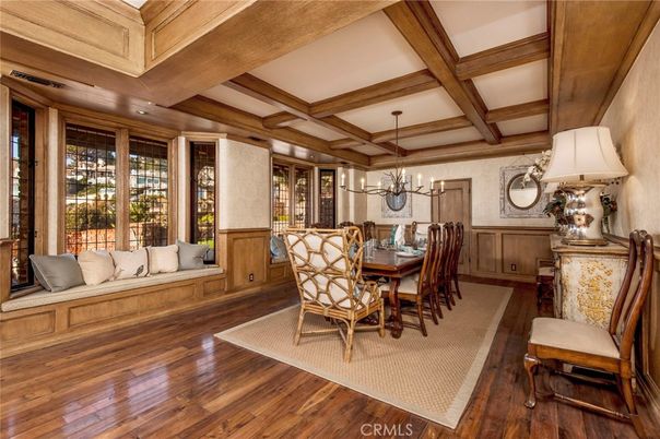 Chandelier, Dining room, Interior, Wooden Beams, Wood Texture Flooring