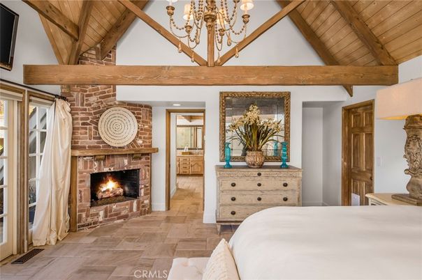 Bedroom, Chandelier, Fireplace, Interior, Stone Walls, Wooden Beams, Wooden Ceilings