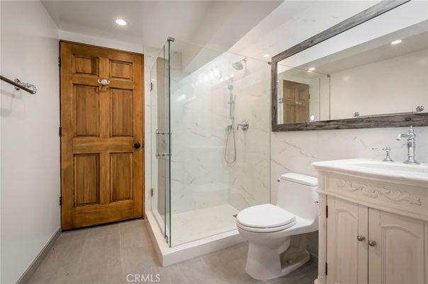 Bathroom, Glass Shower, Interior, Marble Walls, Recessed Lighting