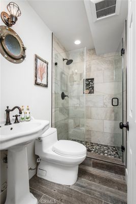 Bathroom, Glass Shower, Interior, Recessed Lighting, Wood Texture Flooring