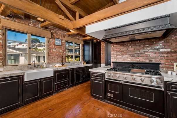 Interior, Kitchen, Stainless Steel Appliances, Stone Walls, Wooden Beams, Wooden Ceilings, Wood Texture Flooring