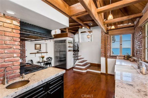Interior, Kitchen, Pendant Lights, Recessed Lighting, Stainless Steel Appliances, Stone Walls, Water, Wooden Beams, Wooden Ceilings, Wood Texture Flooring