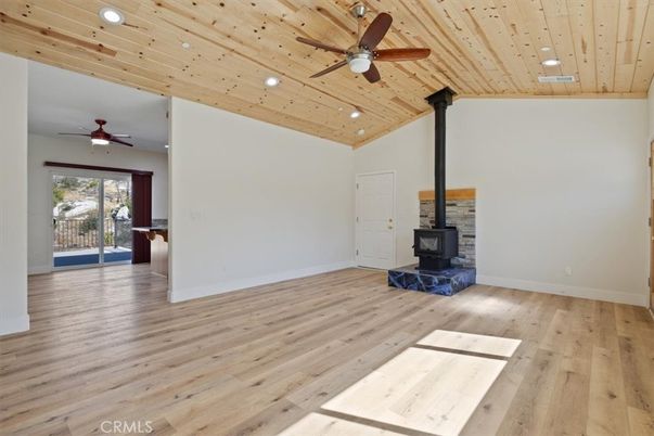 Empty room, Fireplace, Interior, Recessed Lighting, Wooden Ceilings, Wood Texture Flooring