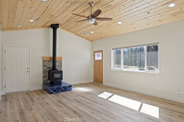 Empty room, Fireplace, Interior, Recessed Lighting, Wooden Ceilings, Wood Texture Flooring