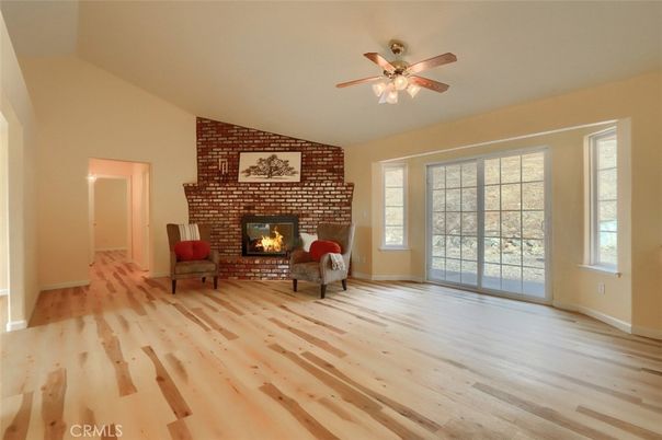 Empty room, Fireplace, Interior, Stone Walls, Wood Texture Flooring