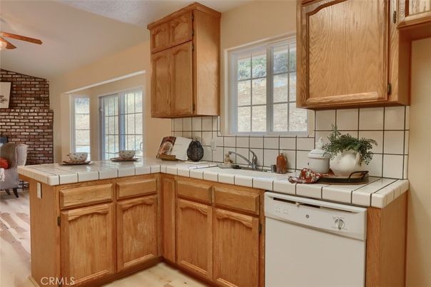 Interior, Kitchen, Tile Countertops, Wood Texture Flooring