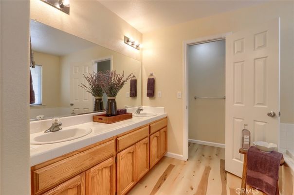 Bathroom, Dual Sink Vanities, Interior, Tile Countertops, Wood Texture Flooring