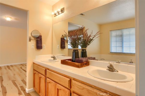 Bathroom, Dual Sink Vanities, Interior, Tile Countertops, Wood Texture Flooring