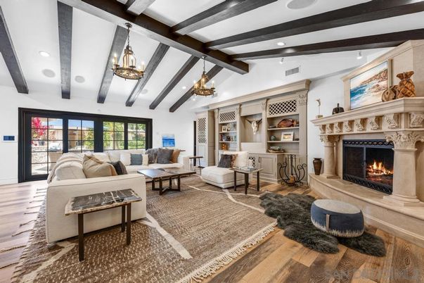 Fireplace, Interior, Living room, Pendant Lights, Recessed Lighting, Wooden Beams, Wood Texture Flooring