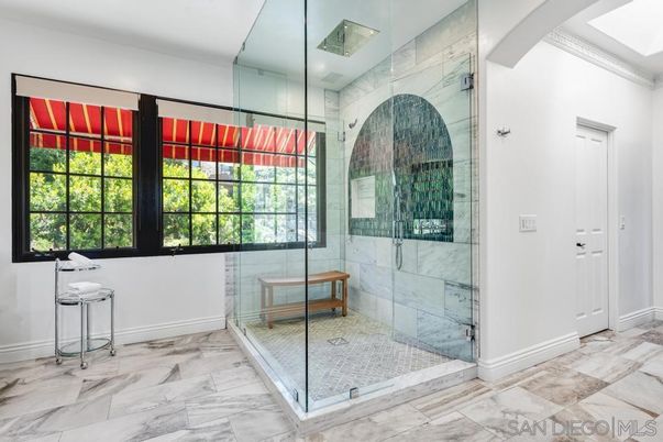 Bathroom, Glass Shower, Interior, Marble, Marble Walls, Recessed Lighting