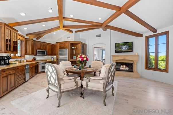 Fireplace, Interior, Kitchen, Recessed Lighting, Stainless Steel Appliances, Wooden Beams, Wood Texture Flooring