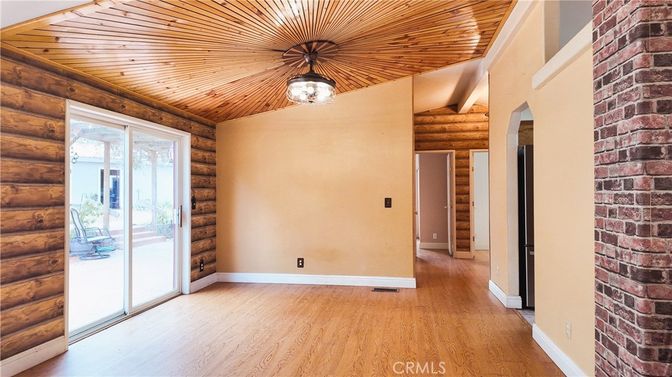 Empty room, Interior, Pendant Lights, Stone Walls, Wooden Ceilings, Wood Texture Flooring, Wooden Walls