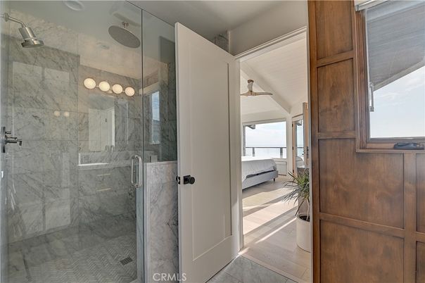 Bathroom, Bedroom, Glass Shower, Interior, Marble Walls, Wood Texture Flooring