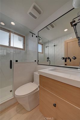 Bathroom, Glass Shower, Interior, Recessed Lighting, Wood Texture Flooring