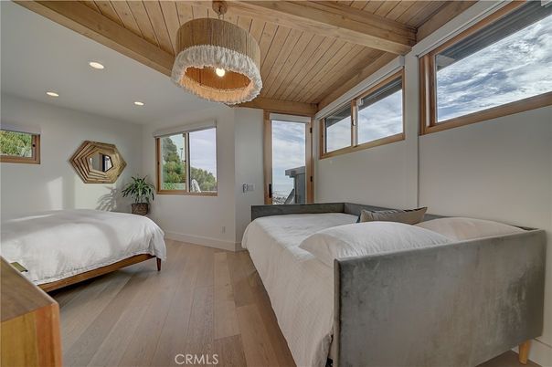 Bedroom, Chandelier, Interior, Recessed Lighting, Wooden Beams, Wooden Ceilings, Wood Texture Flooring