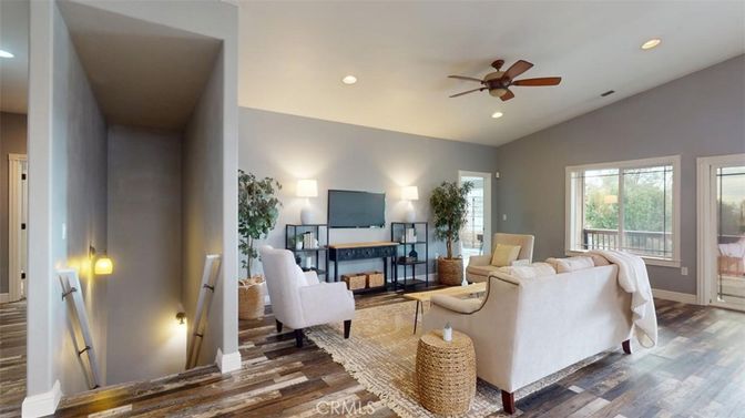 Fireplace, Interior, Living room, Recessed Lighting, Wood Texture Flooring