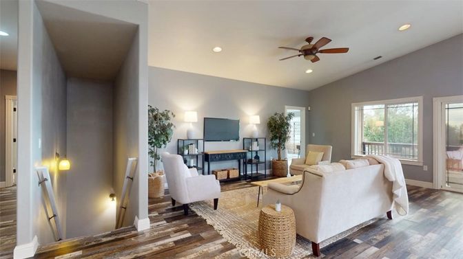 Fireplace, Interior, Living room, Recessed Lighting, Wood Texture Flooring