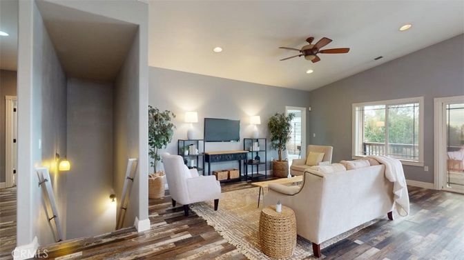 Fireplace, Interior, Living room, Recessed Lighting, Wood Texture Flooring