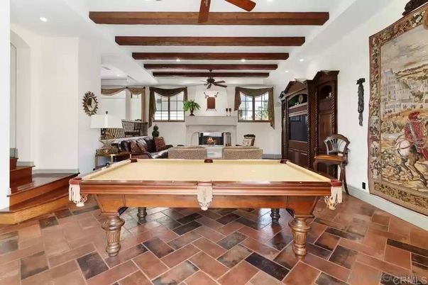 Billiard Table, Fireplace, Game Room, Interior, Recessed Lighting, Wooden Beams