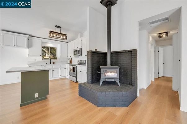 Fireplace, Interior, Pendant Lights, Wood Texture Flooring