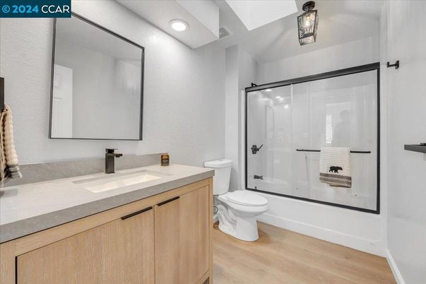 Bathroom, Glass Shower, Interior, Recessed Lighting, Wood Texture Flooring