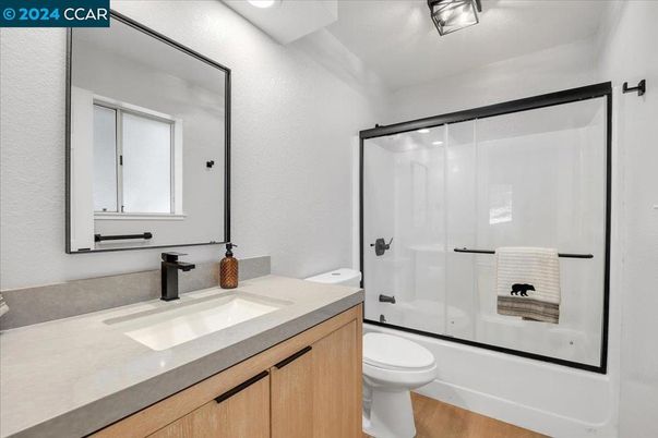 Bathroom, Glass Shower, Interior, Recessed Lighting, Wood Texture Flooring