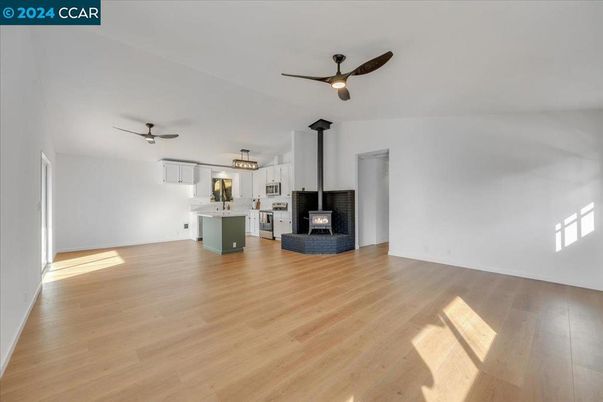 Empty room, Fireplace, Interior, Kitchen, Wood Texture Flooring