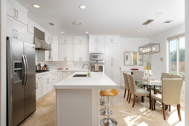 Dining room, Interior, Kitchen, Pendant Lights, Recessed Lighting, Stainless Steel Appliances